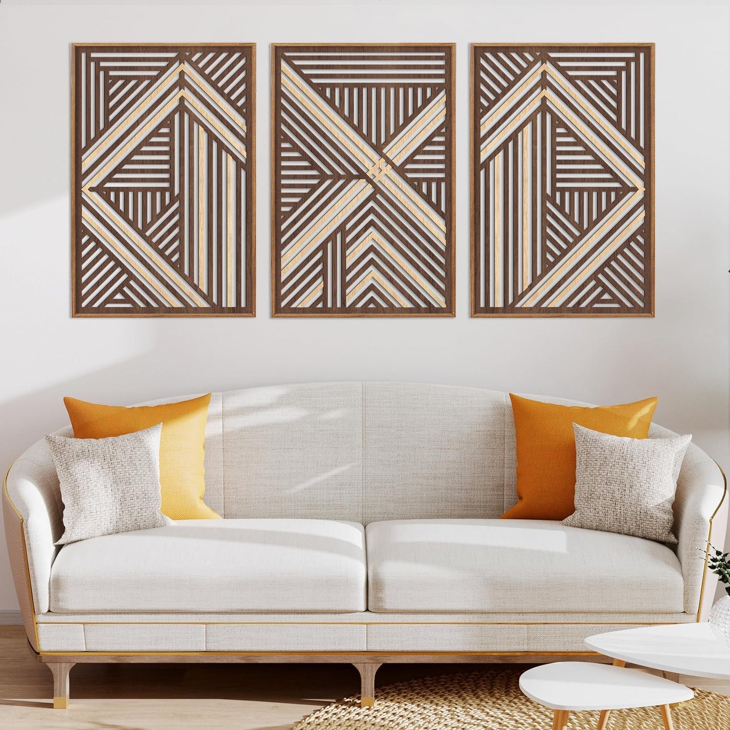CHDITB Boho Geometric Wood Wall Art(Set of 3, 16"x24"), Large Modern Wooden Panel Hollow Line Art Decor, Rustic Abstract Minimalist Wall Hanging Artwork for Bedroom Living Room Office