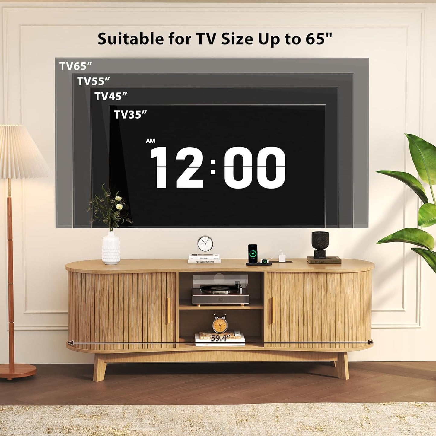Mid Century Natural Fluted TV Stand with Power Outlet Fits up to 65" TV