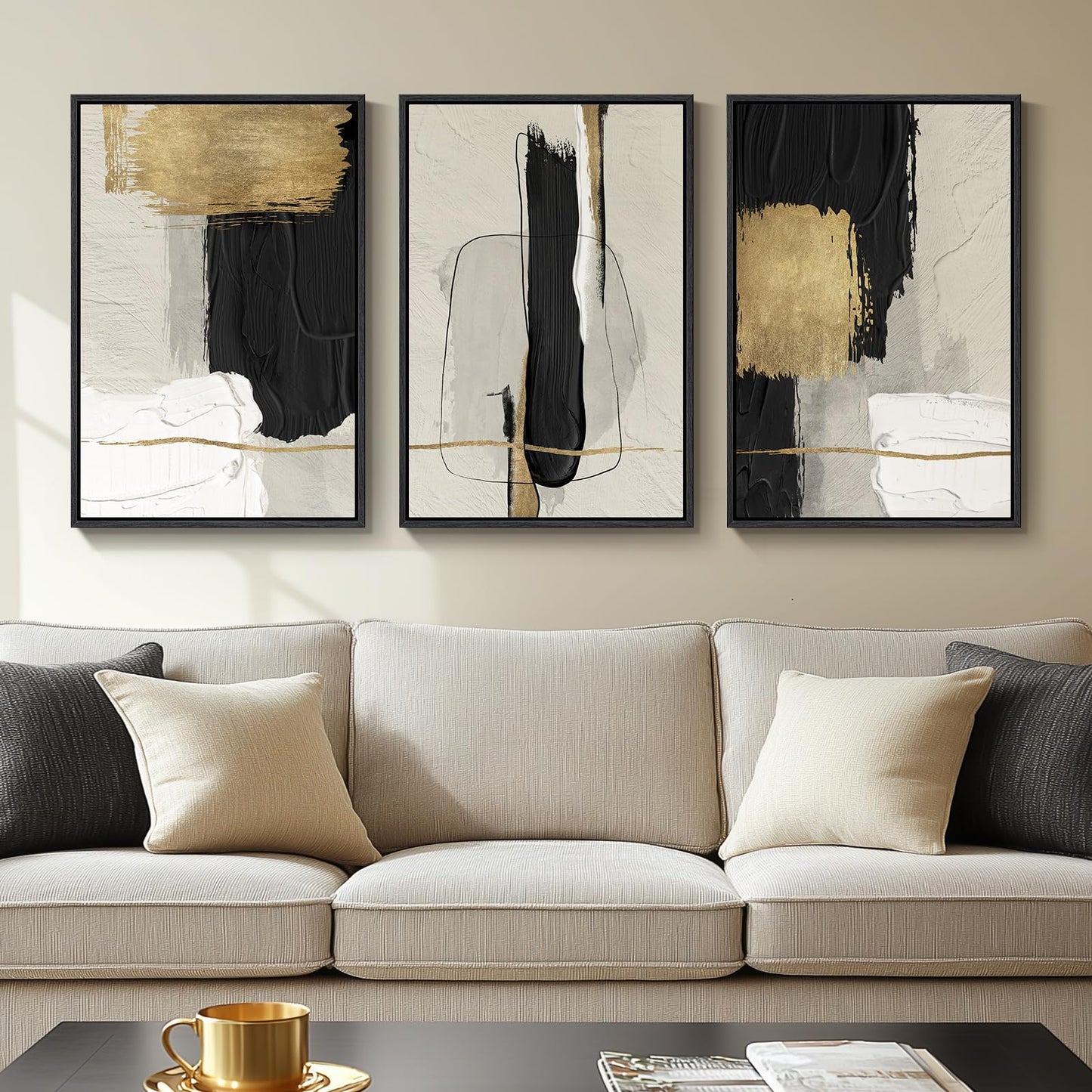 Large Framed Boho Modern Neutral Abstract Wall Art for Living Room, 3 Piece Black and White Canvas Prints Paintings Artwork for Walls, Geometric Pictures for Office Bedroom Dining Room Decor, 24x36 In
