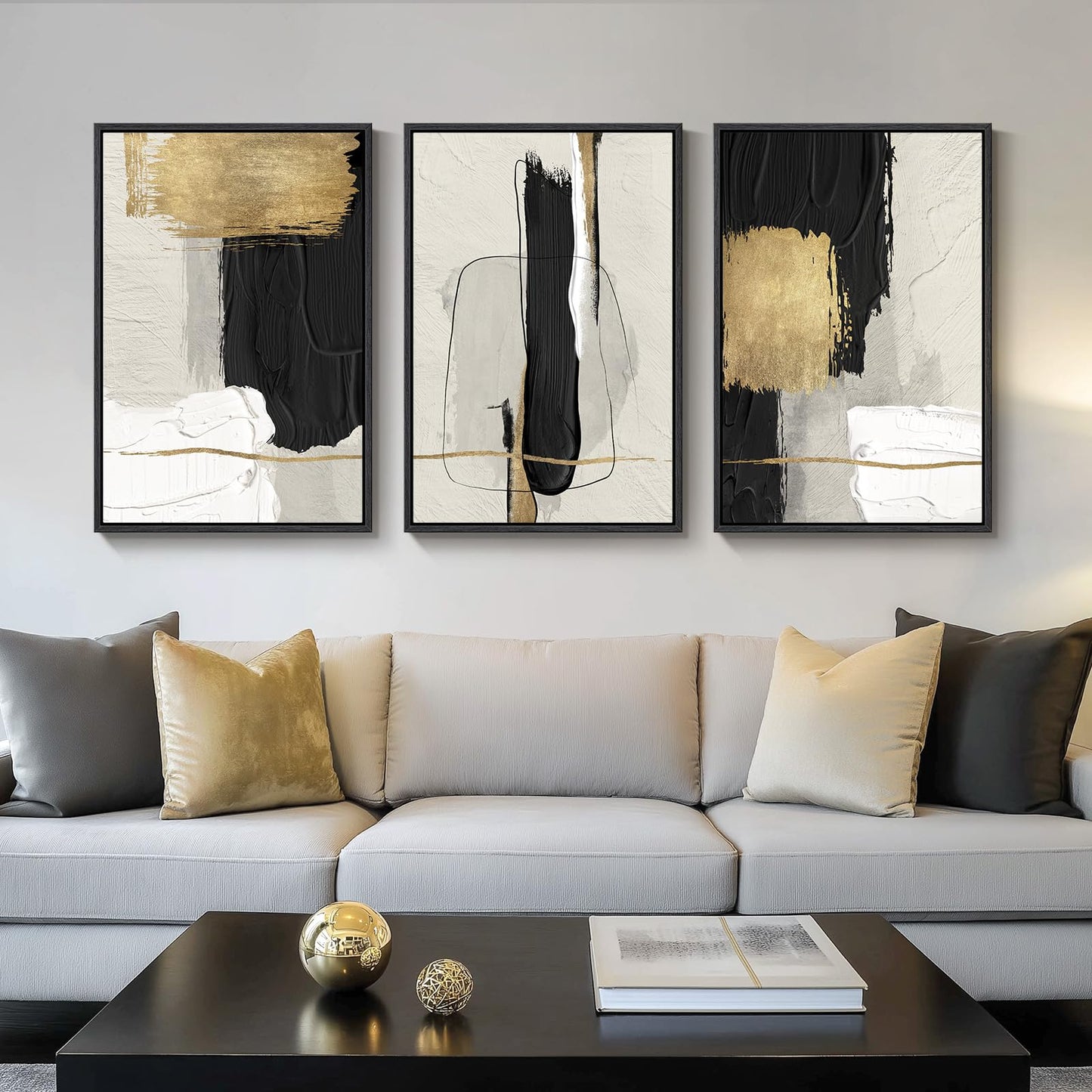 Large Framed Boho Modern Neutral Abstract Wall Art for Living Room, 3 Piece Black and White Canvas Prints Paintings Artwork for Walls, Geometric Pictures for Office Bedroom Dining Room Decor, 24x36 In