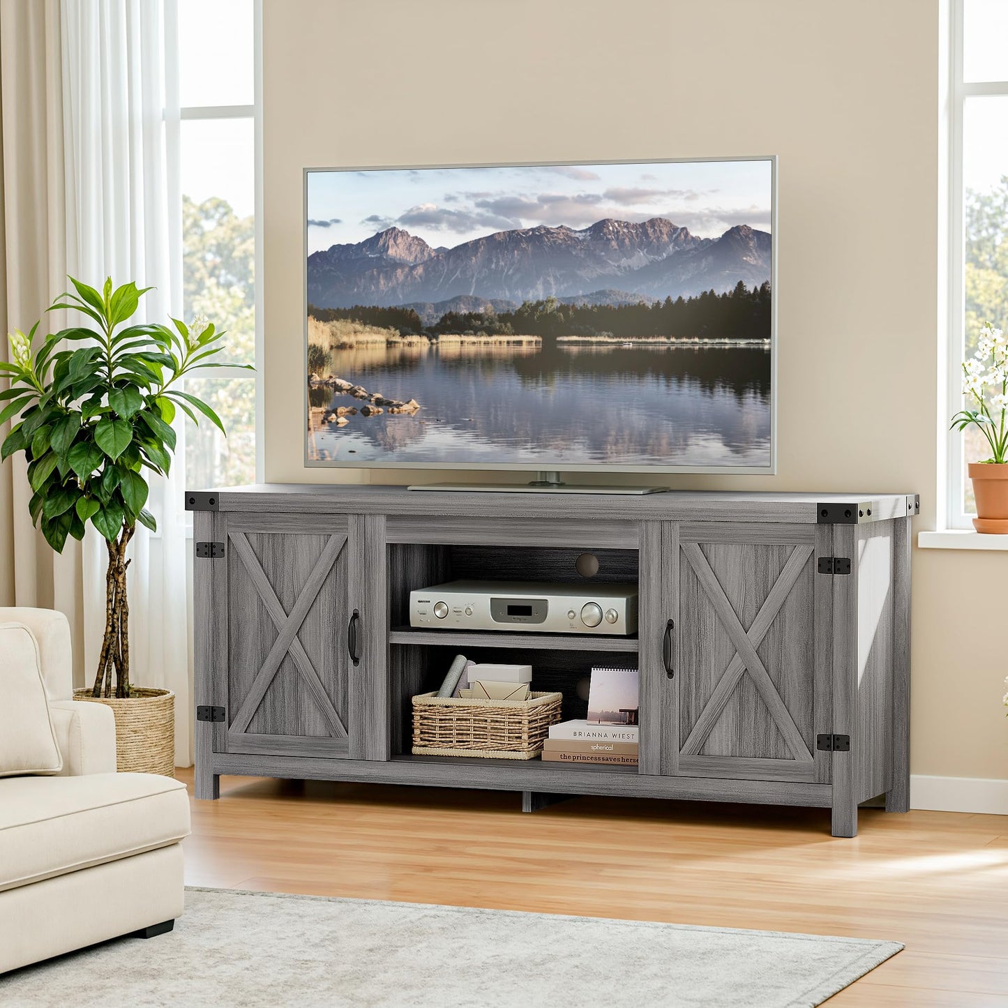 YESHOMY Modern Farmhouse TV Stand with Two Barn Doors and Storage Cabinets for Televisions up to 65+ Inch,Entertainment Center Console Table,Media Furniture for Living Room,58 Inch, Walnut,YH-TS103DWA