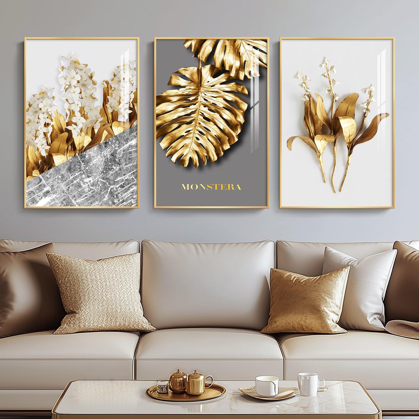 3-Piece 24×36" Gold Geometric Framed Wall Art Luxury Modern Decor for Living Room Office