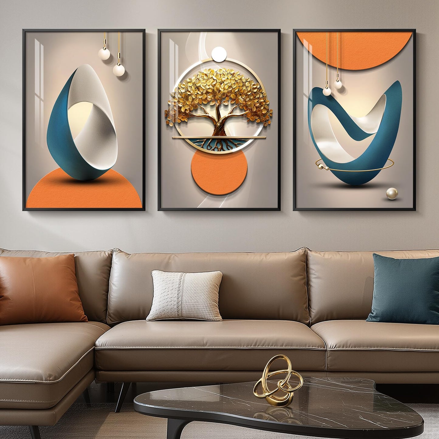 3-Piece 24×36" Gold Geometric Framed Wall Art Luxury Modern Decor for Living Room Office