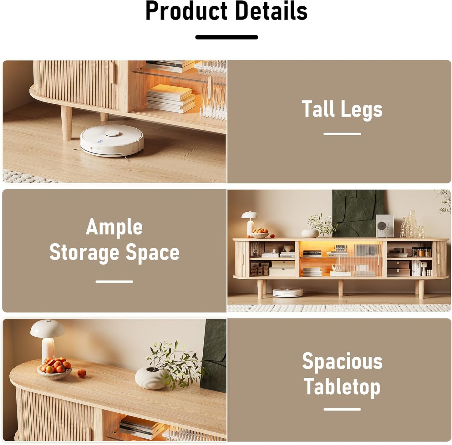 70" Natural Oak Fluted LED TV Stand Fits up to 75" TV with Sliding Doors & Glass Shelf