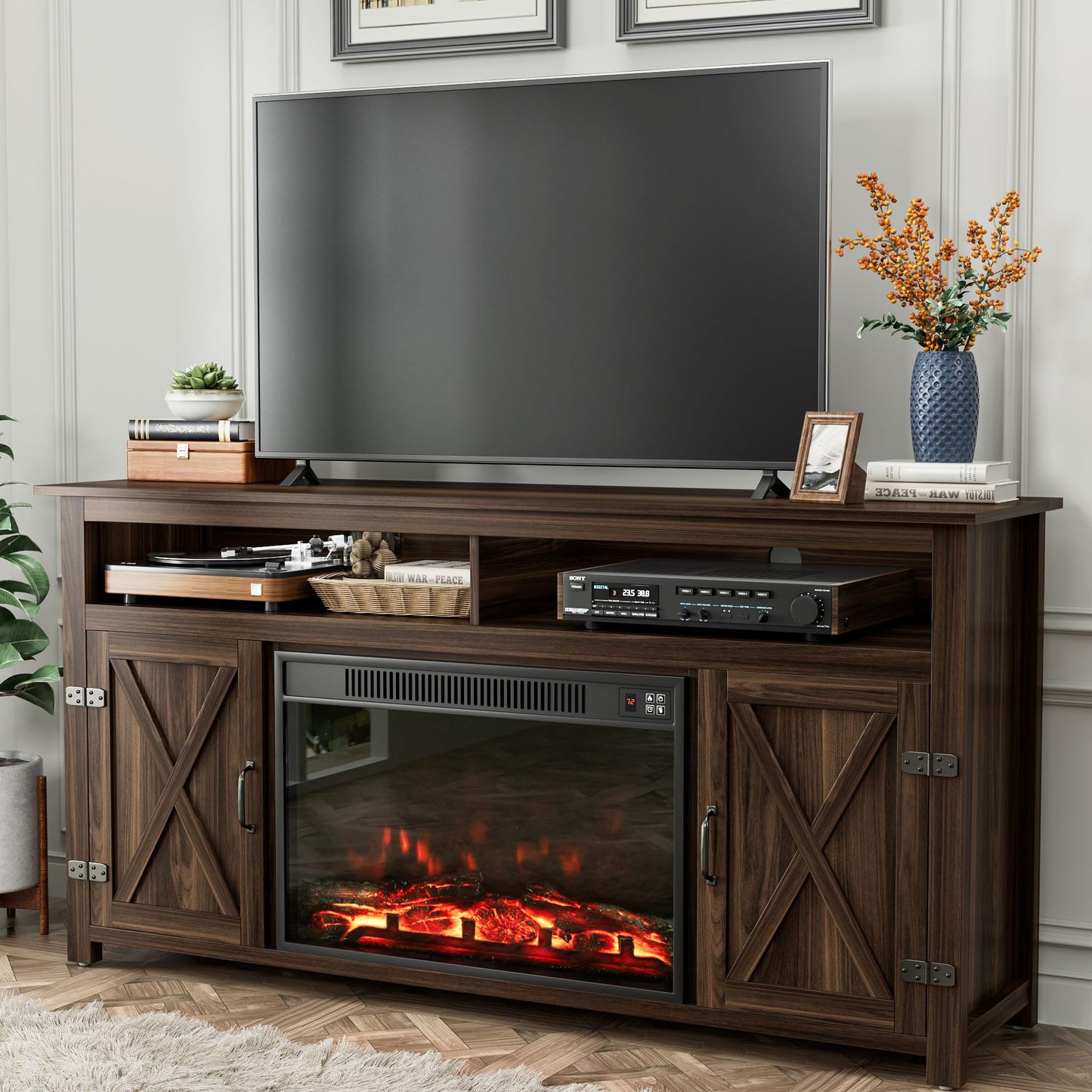 YESHOMY TV Stand for Televisions up to 65 Inches, with Sliding Barn Doors and Storage Cabinets, Console Table and Media Furniture for Living Room, 58 Inch, Barnwood