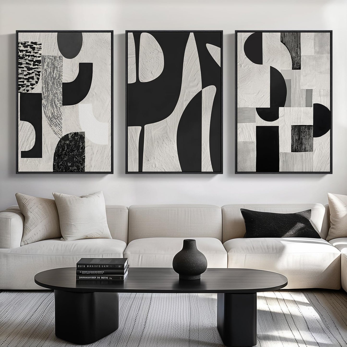 Large Framed Boho Modern Neutral Abstract Wall Art for Living Room, 3 Piece Black and White Canvas Prints Paintings Artwork for Walls, Geometric Pictures for Office Bedroom Dining Room Decor, 24x36 In
