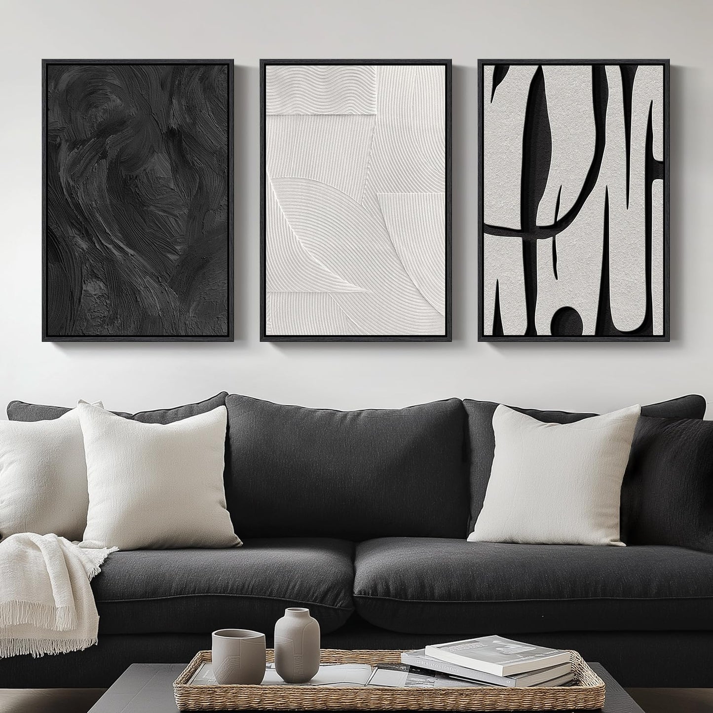 Large Framed Boho Modern Neutral Abstract Wall Art for Living Room, 3 Piece Black and White Canvas Prints Paintings Artwork for Walls, Geometric Pictures for Office Bedroom Dining Room Decor, 24x36 In
