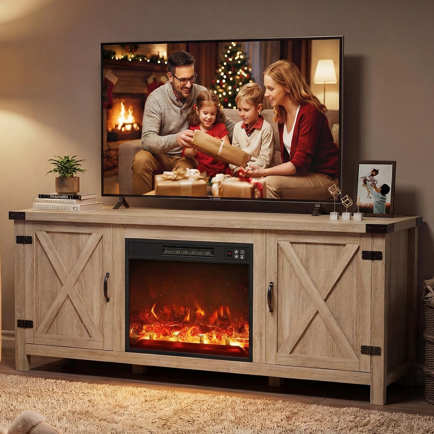YESHOMY Modern Farmhouse TV Stand with Two Barn Doors and Storage Cabinets for Televisions up to 65+ Inch,Entertainment Center Console Table,Media Furniture for Living Room,58 Inch, Walnut,YH-TS103DWA