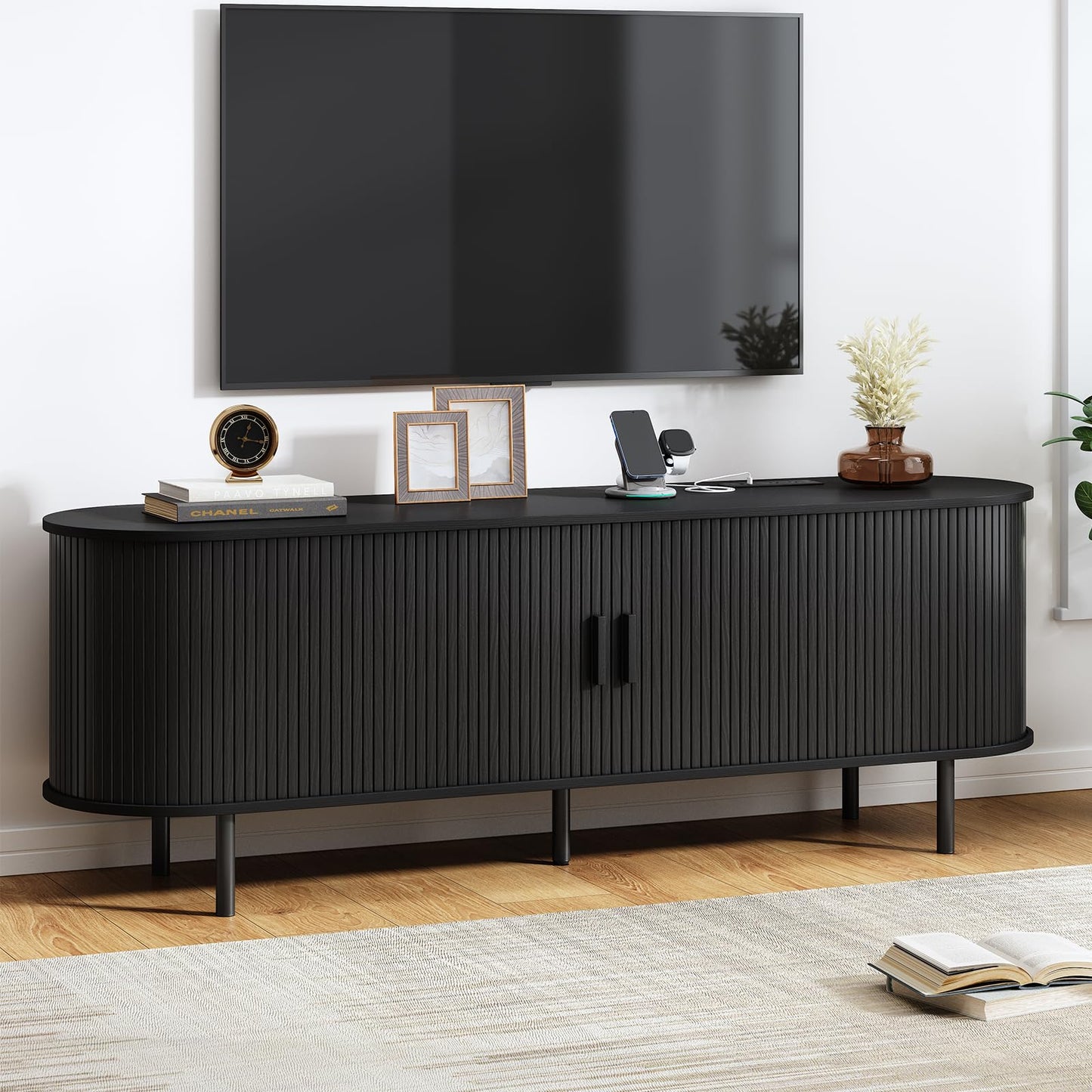 55" TV Stand with Power Outlet, Mid-Century Modern Television Stand, Fluted Media Console with Sliding Doors, Entertainment Center for TVs up to 60 Inch, Adjustable Shelves, Walnut