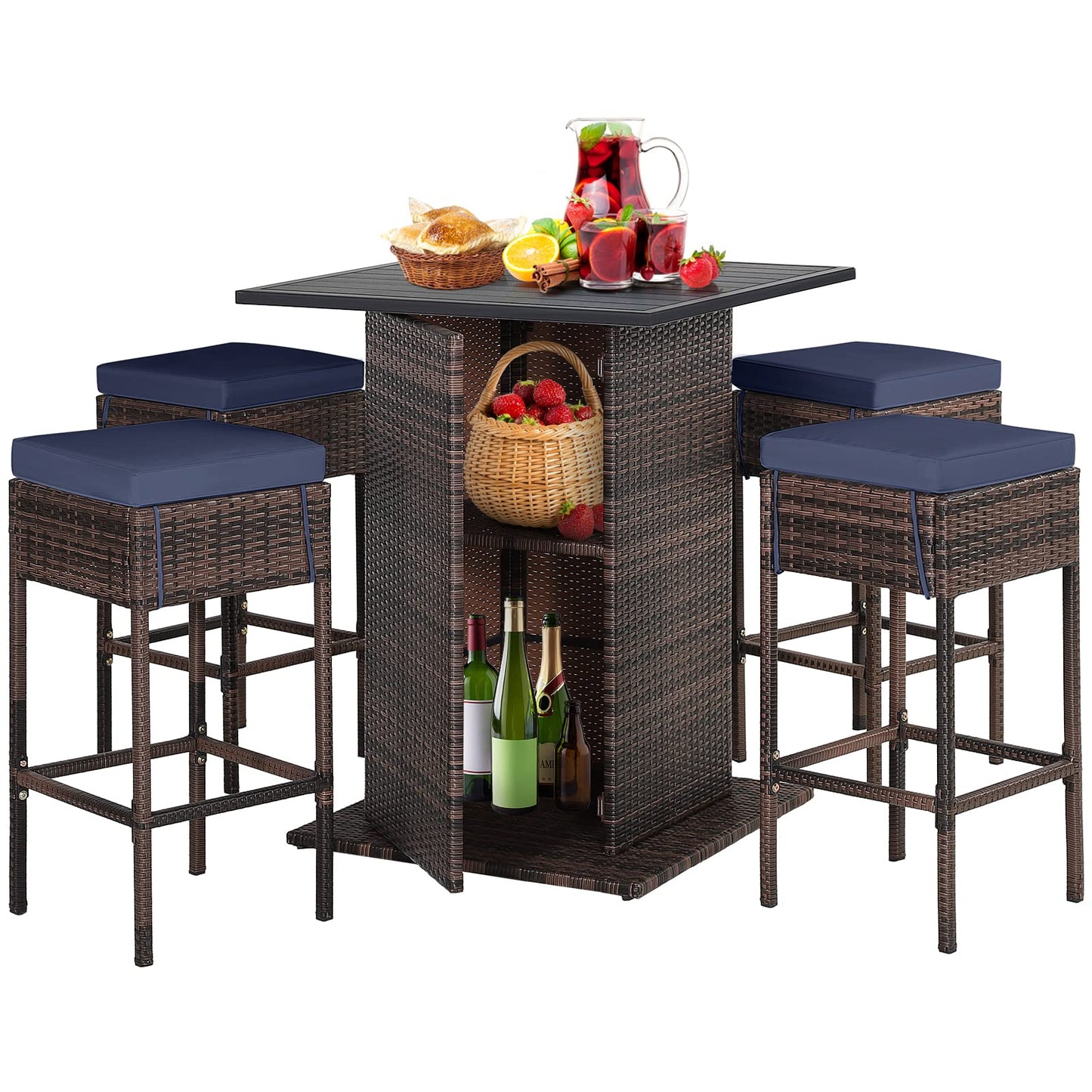 HAPPYGRILL 5 Pieces Rattan Bar Set, Outdoor Wicker Bar Table and 4 Bar Stools, Heavy-Duty Steel Frame, Patio Bar Furniture Set with Cushions, Black
