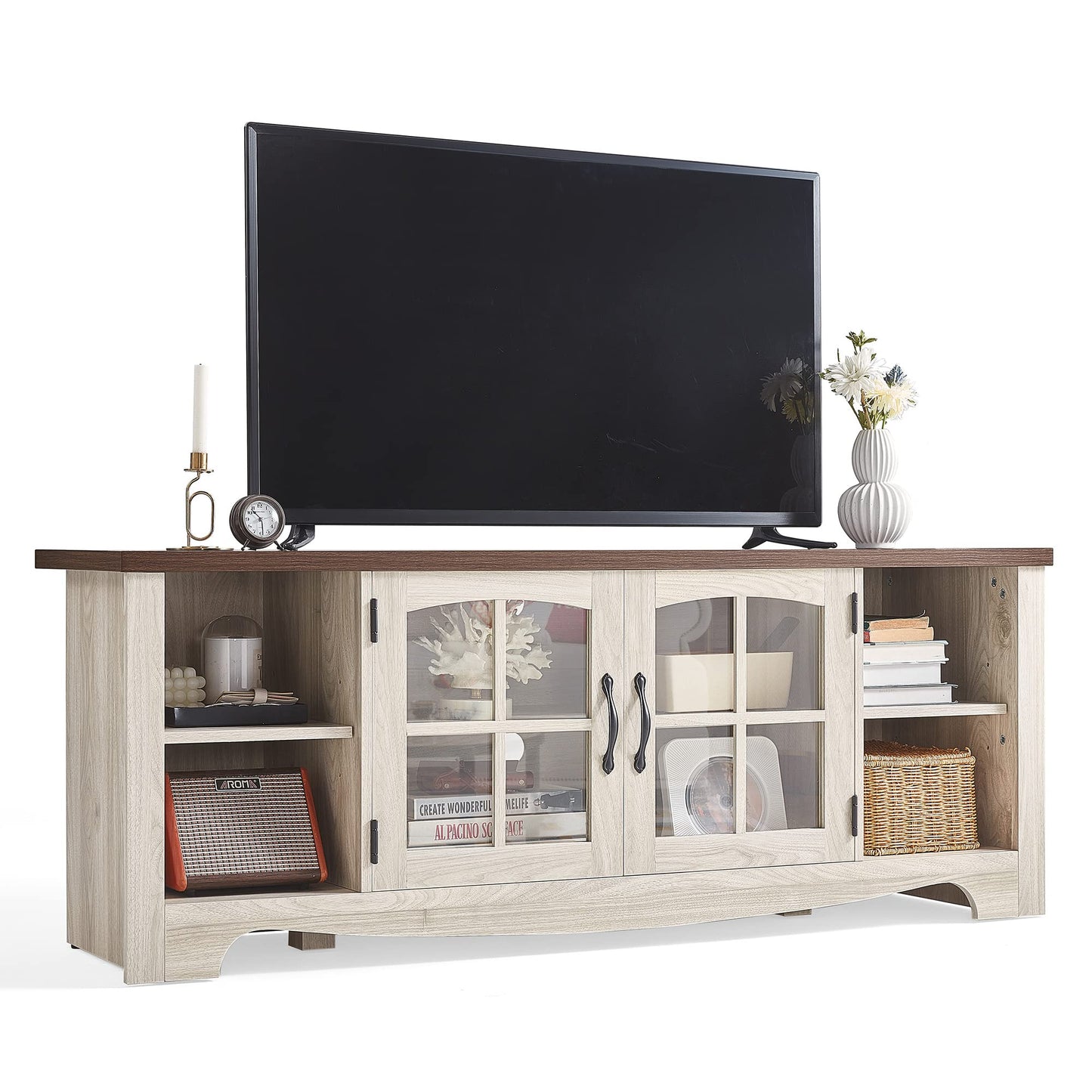 LINSY HOME TV Stand for 75 Inch TV, Modern Farmhouse Entertainment Center with Storage Cabinets and Glass Doors, Tall Media Console Table for Living Room, Bedroom, Large Long Television Stand, Brown