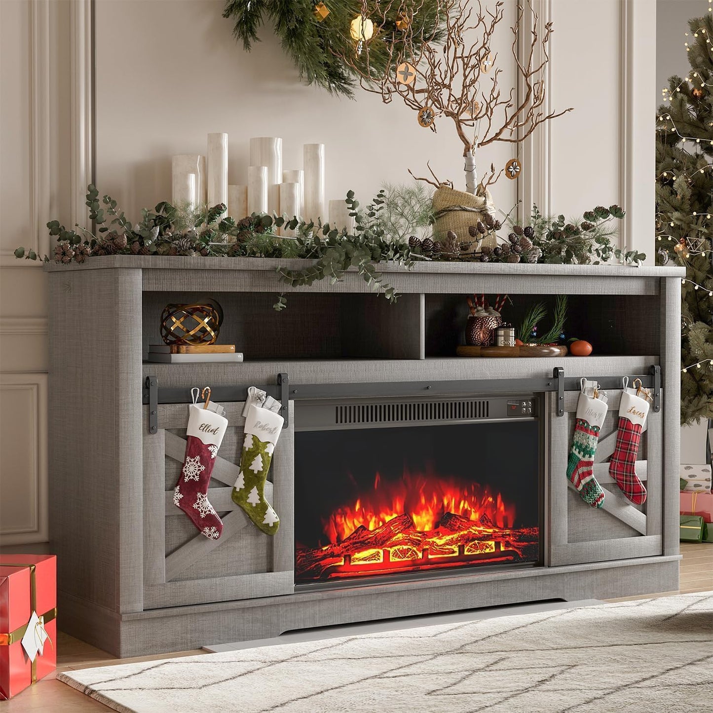 YESHOMY TV Stand for Televisions up to 65 Inches, with Sliding Barn Doors and Storage Cabinets, Console Table and Media Furniture for Living Room, 58 Inch, Barnwood