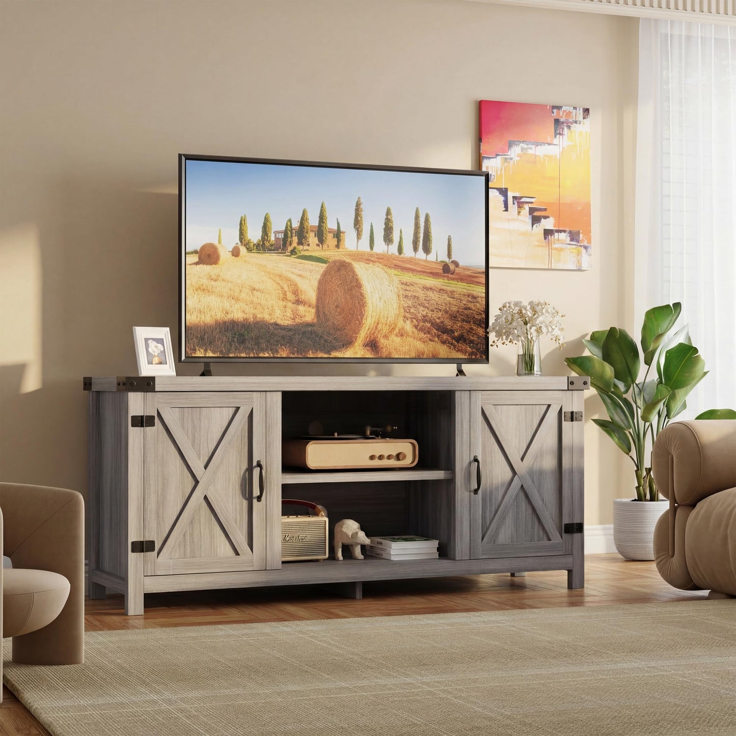 YESHOMY Modern Farmhouse TV Stand with Two Barn Doors and Storage Cabinets for Televisions up to 65+ Inch,Entertainment Center Console Table,Media Furniture for Living Room,58 Inch, Walnut,YH-TS103DWA