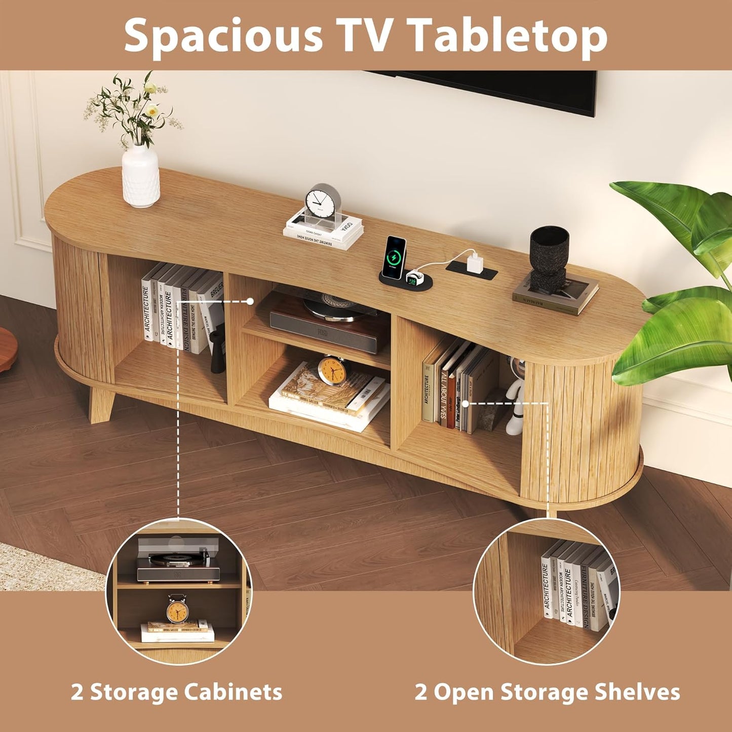 Mid Century Natural Fluted TV Stand with Power Outlet Fits up to 65" TV