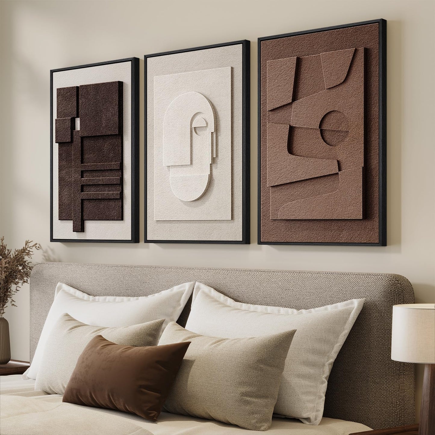 3D Textured Framed Abstract Wall Art, 3 Piece Modern Paintings Artwork for Walls, Black White Brown Geometric Sandstone Texture Pictures for Living Room Dining Room Bedroom Office Wall Decor 16x24 In