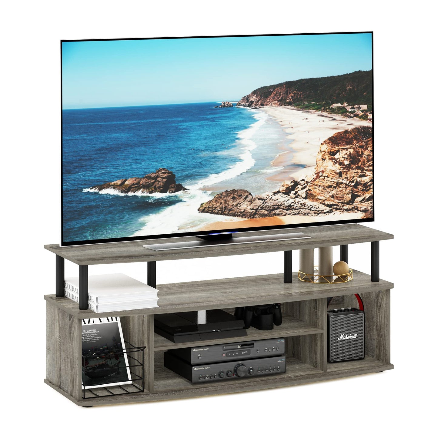 Furinno Jaya Large Entertainment Center Stand Unit/TV for up to 55 inch, Amber Pine/Black