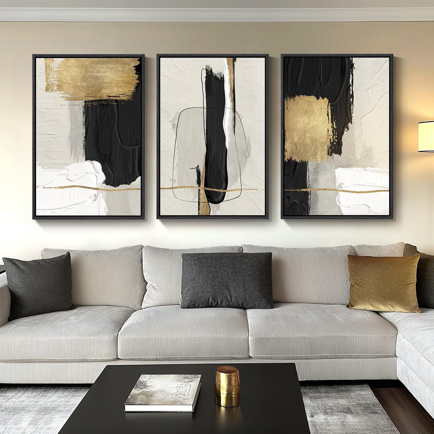 Large Framed Boho Modern Neutral Abstract Wall Art for Living Room, 3 Piece Black and White Canvas Prints Paintings Artwork for Walls, Geometric Pictures for Office Bedroom Dining Room Decor, 24x36 In
