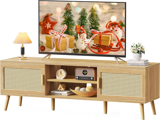 SUPERJARE Boho TV Stand for 65 Inch TV, Entertainment Center with Adjustable Shelf, Rattan TV Console with 2 Cabinets, Media Console, Solid Wood Feet, 4 Cord Holes, for Living Room - Natural