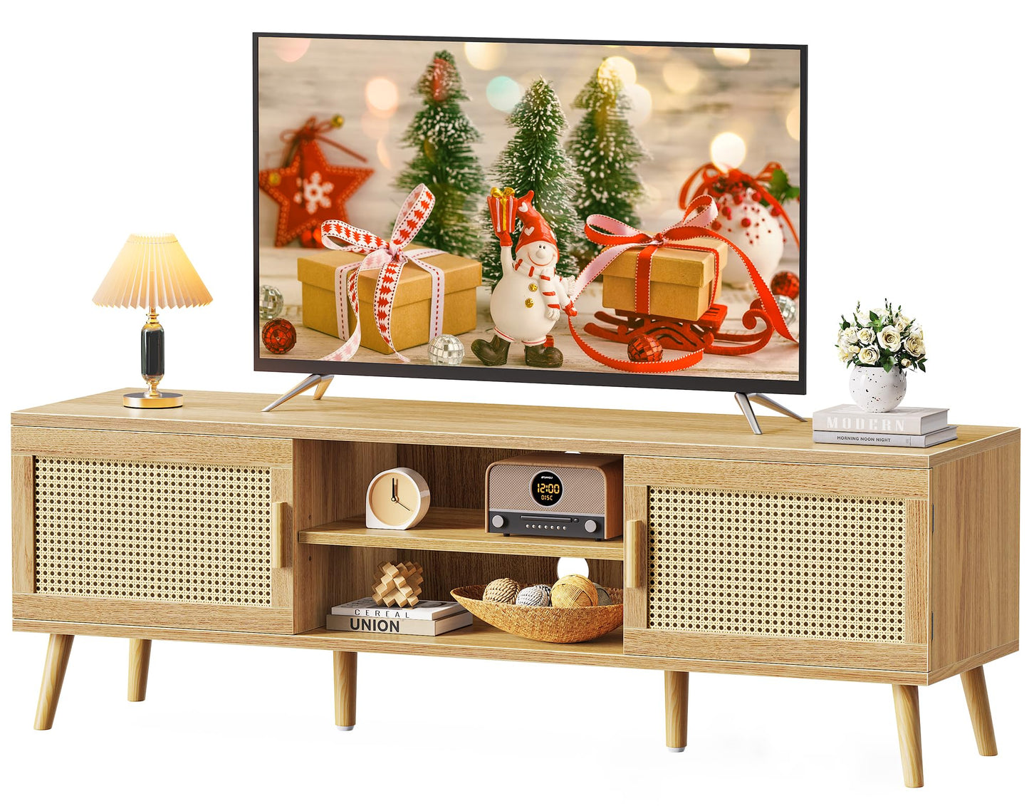 SUPERJARE Boho TV Stand for 65 Inch TV, Entertainment Center with Adjustable Shelf, Rattan TV Console with 2 Cabinets, Media Console, Solid Wood Feet, 4 Cord Holes, for Living Room - Natural