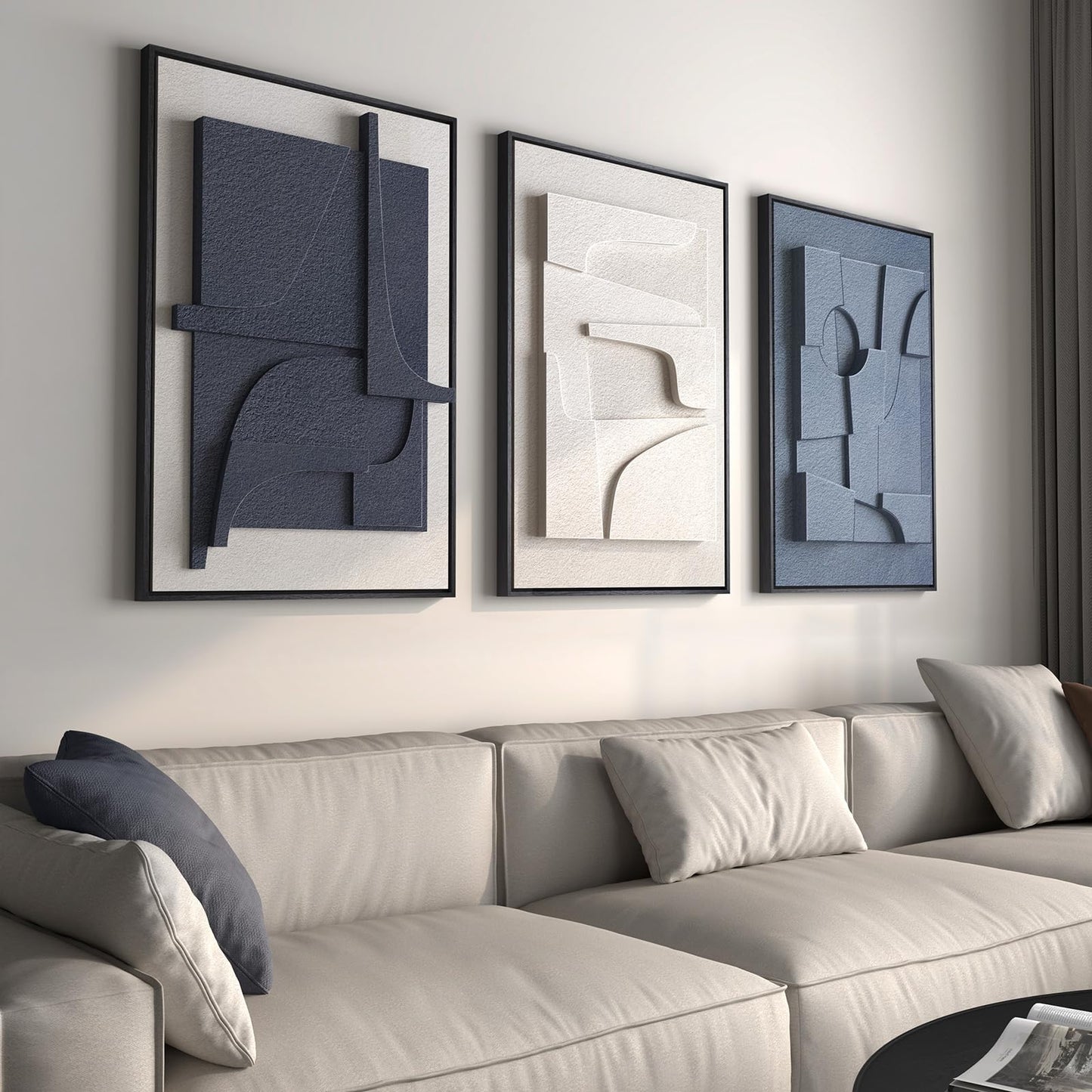 3D Textured Framed Abstract Wall Art, 3 Piece Modern Paintings Artwork for Walls, Black White Brown Geometric Sandstone Texture Pictures for Living Room Dining Room Bedroom Office Wall Decor 16x24 In