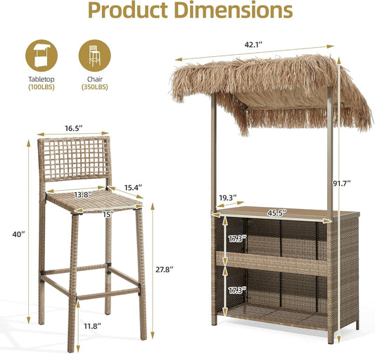 Outdoor Tiki Bar Set, 3 Pieces All-Weather Wicker Patio Bar Set with 2 Height Stools and Storage, Outdoor Bar Set for Outside Patio, Garden, Backyard,Yellow