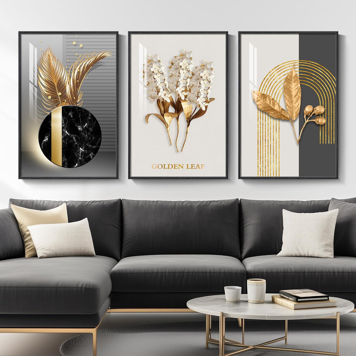 3-Piece 24×36" Gold Geometric Framed Wall Art Luxury Modern Decor for Living Room Office