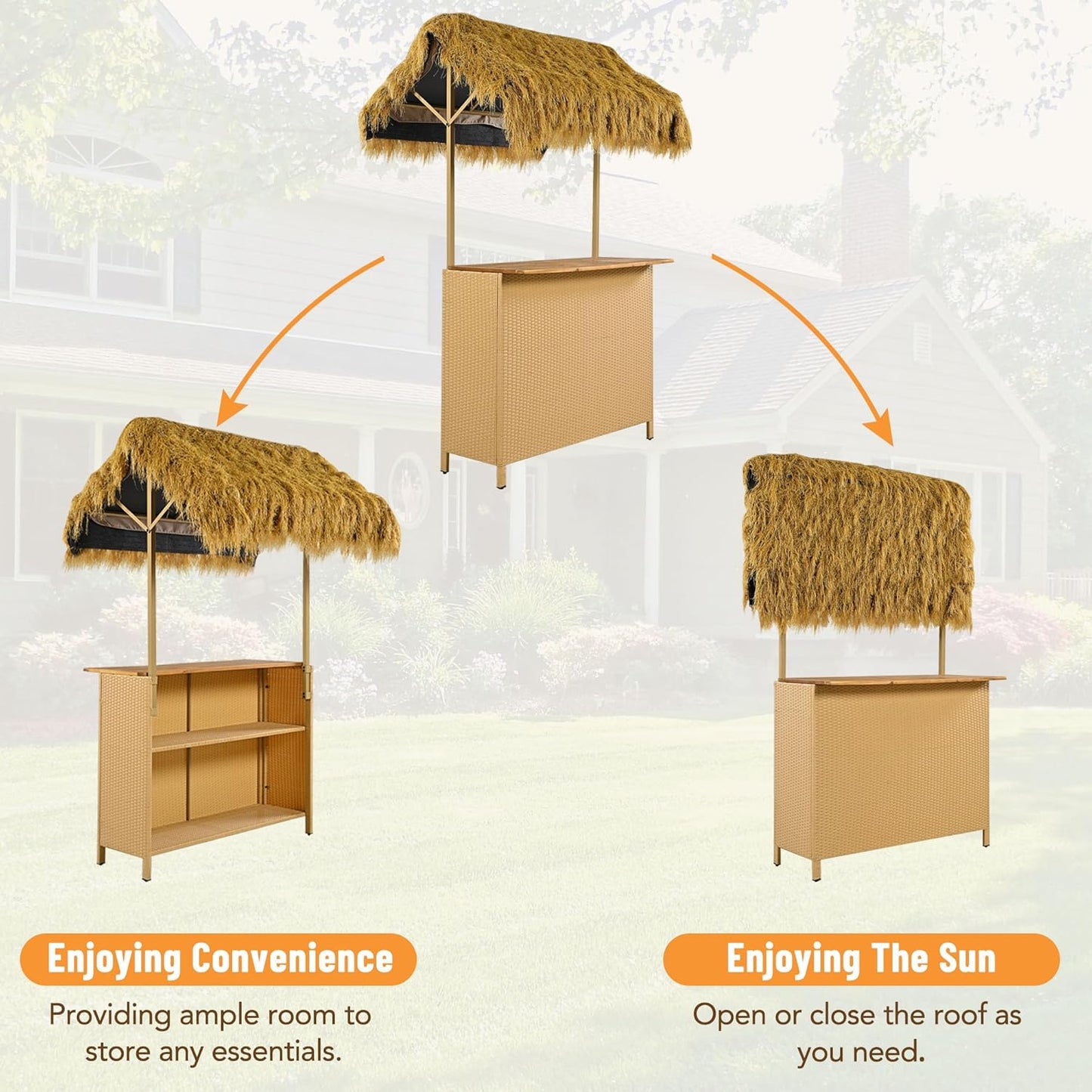3-Piece Acacia Wood Tiki Bar Set with Thatched Canopy & 2 Stools for Outdoor Patio Poolside