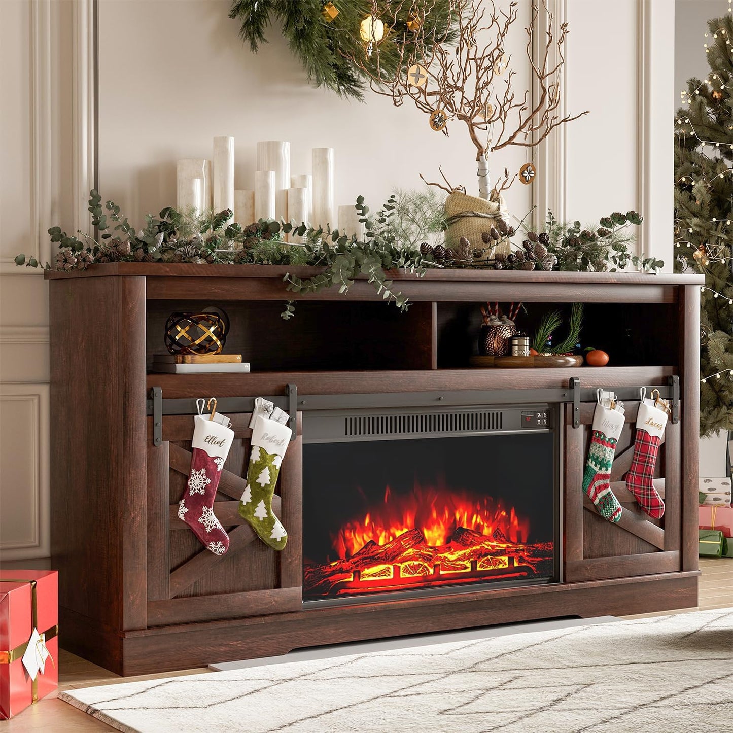YESHOMY TV Stand for Televisions up to 65 Inches, with Sliding Barn Doors and Storage Cabinets, Console Table and Media Furniture for Living Room, 58 Inch, Barnwood
