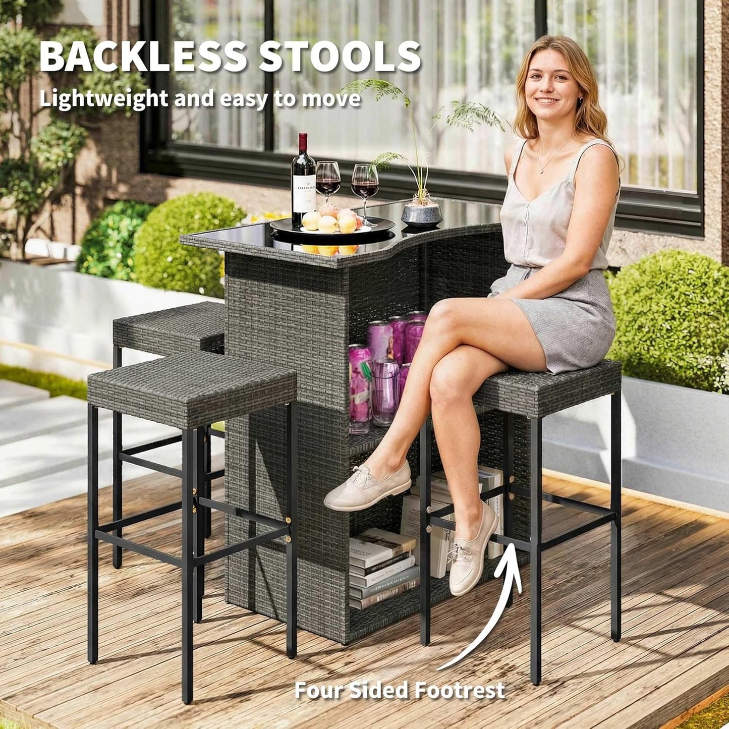 Outsunny 5 Piece Wicker Outdoor Bar Set, High Top Outdoor Table and Chairs, Height Patio Set with Glass Table Top 2 Tier Storage Shelf and 4 Bar Stools for Garden, Poolside, Dark Gray