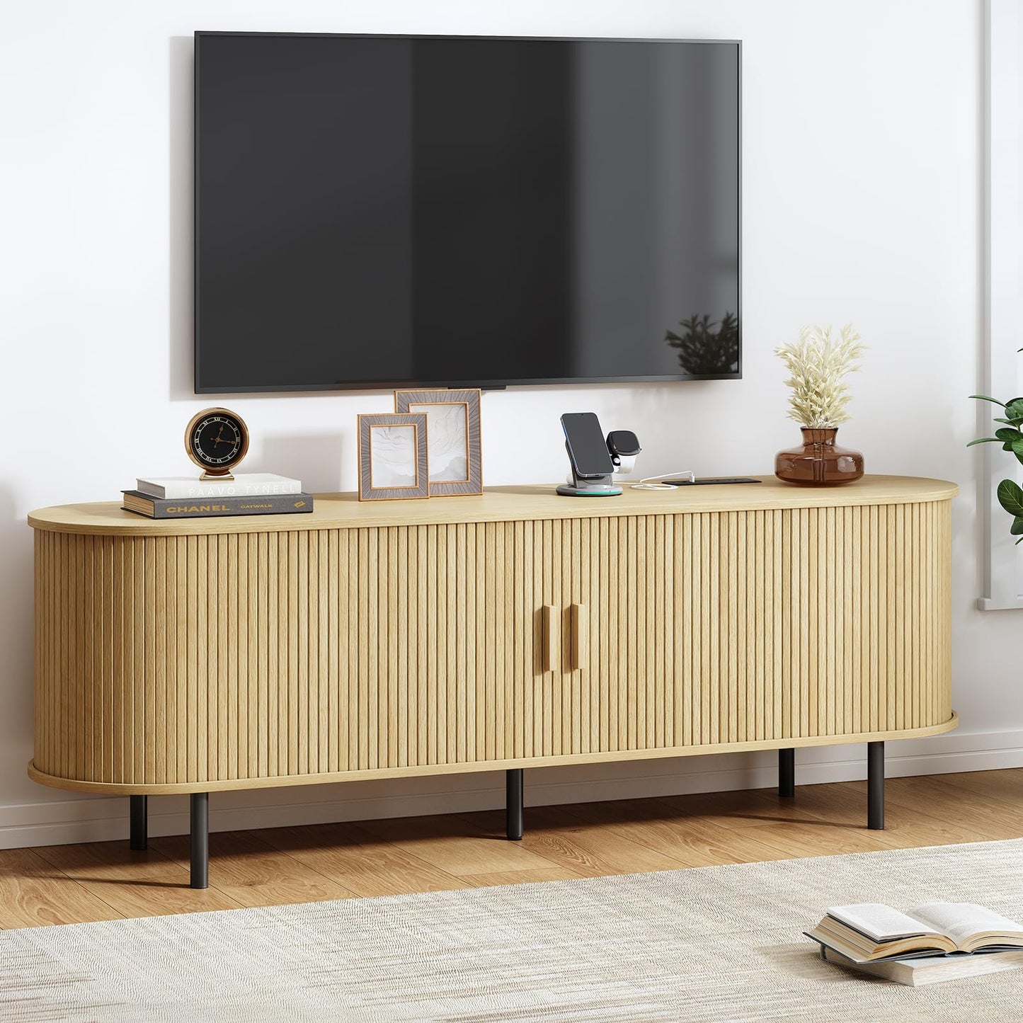 55" TV Stand with Power Outlet, Mid-Century Modern Television Stand, Fluted Media Console with Sliding Doors, Entertainment Center for TVs up to 60 Inch, Adjustable Shelves, Walnut
