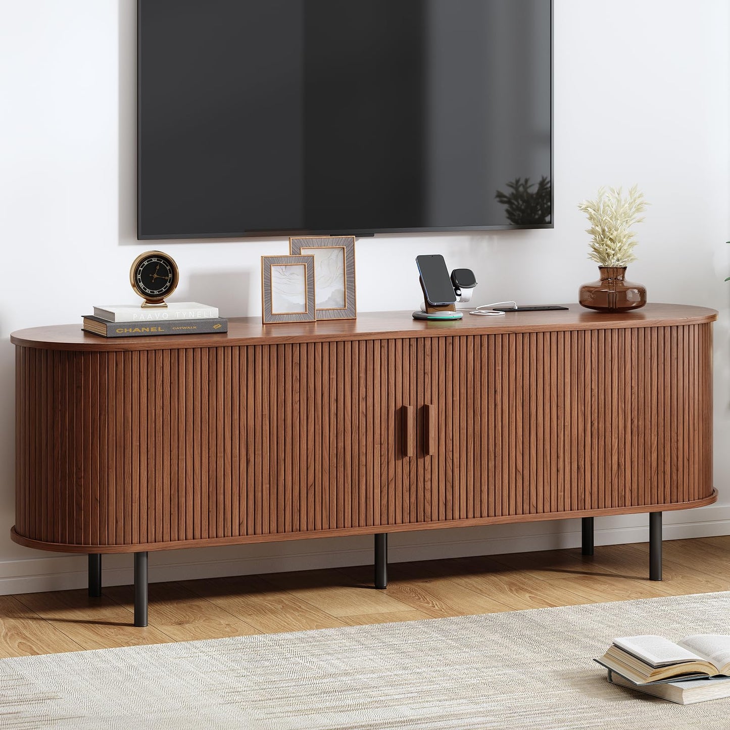 55" TV Stand with Power Outlet, Mid-Century Modern Television Stand, Fluted Media Console with Sliding Doors, Entertainment Center for TVs up to 60 Inch, Adjustable Shelves, Walnut