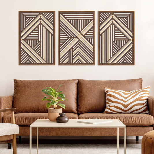 CHDITB Boho Geometric Wood Wall Art(Set of 3, 16"x24"), Large Modern Wooden Panel Hollow Line Art Decor, Rustic Abstract Minimalist Wall Hanging Artwork for Bedroom Living Room Office