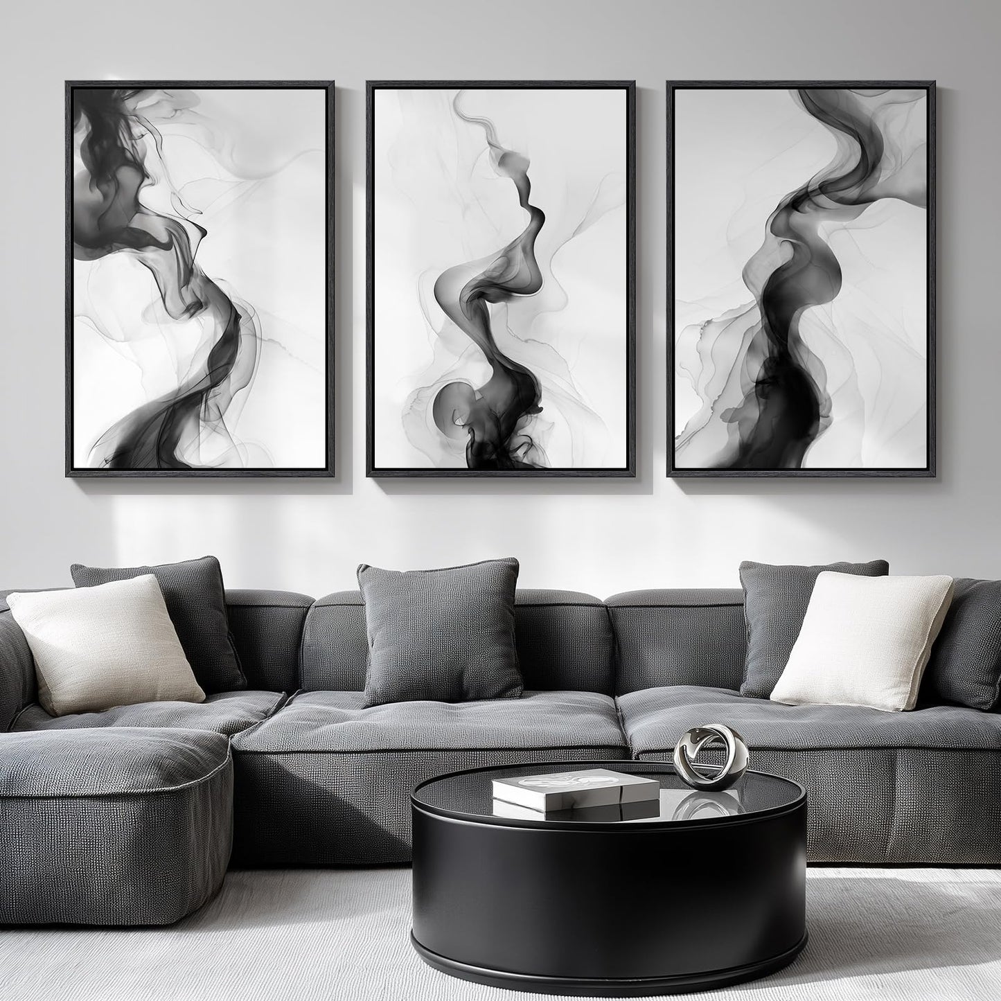 Large Framed Boho Modern Neutral Abstract Wall Art for Living Room, 3 Piece Black and White Canvas Prints Paintings Artwork for Walls, Geometric Pictures for Office Bedroom Dining Room Decor, 24x36 In