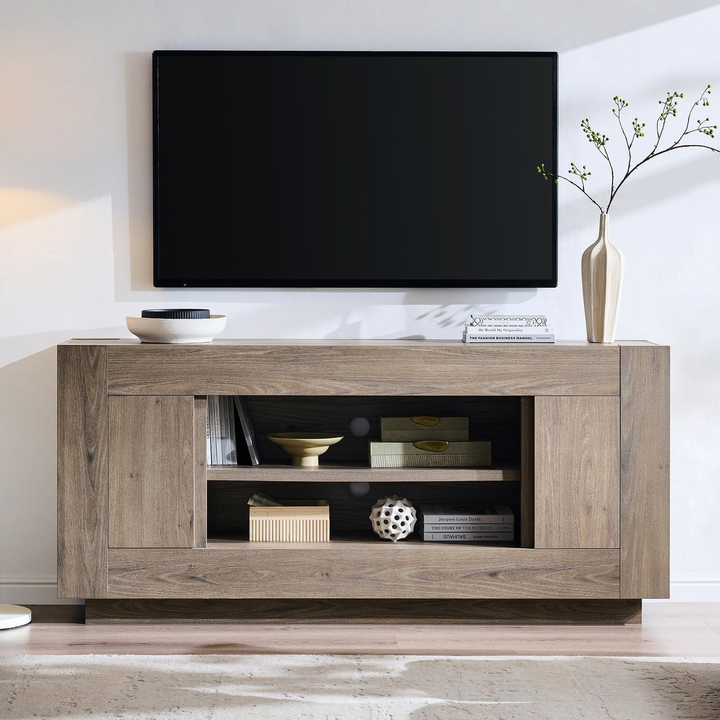 OKD Modern 70" TV Stand, Entertainment Center for TVs Up to 80", Media Console with Large Open Storage & Side Cabinets, Thick Wood Design for Living Room, Light Knotty Oak