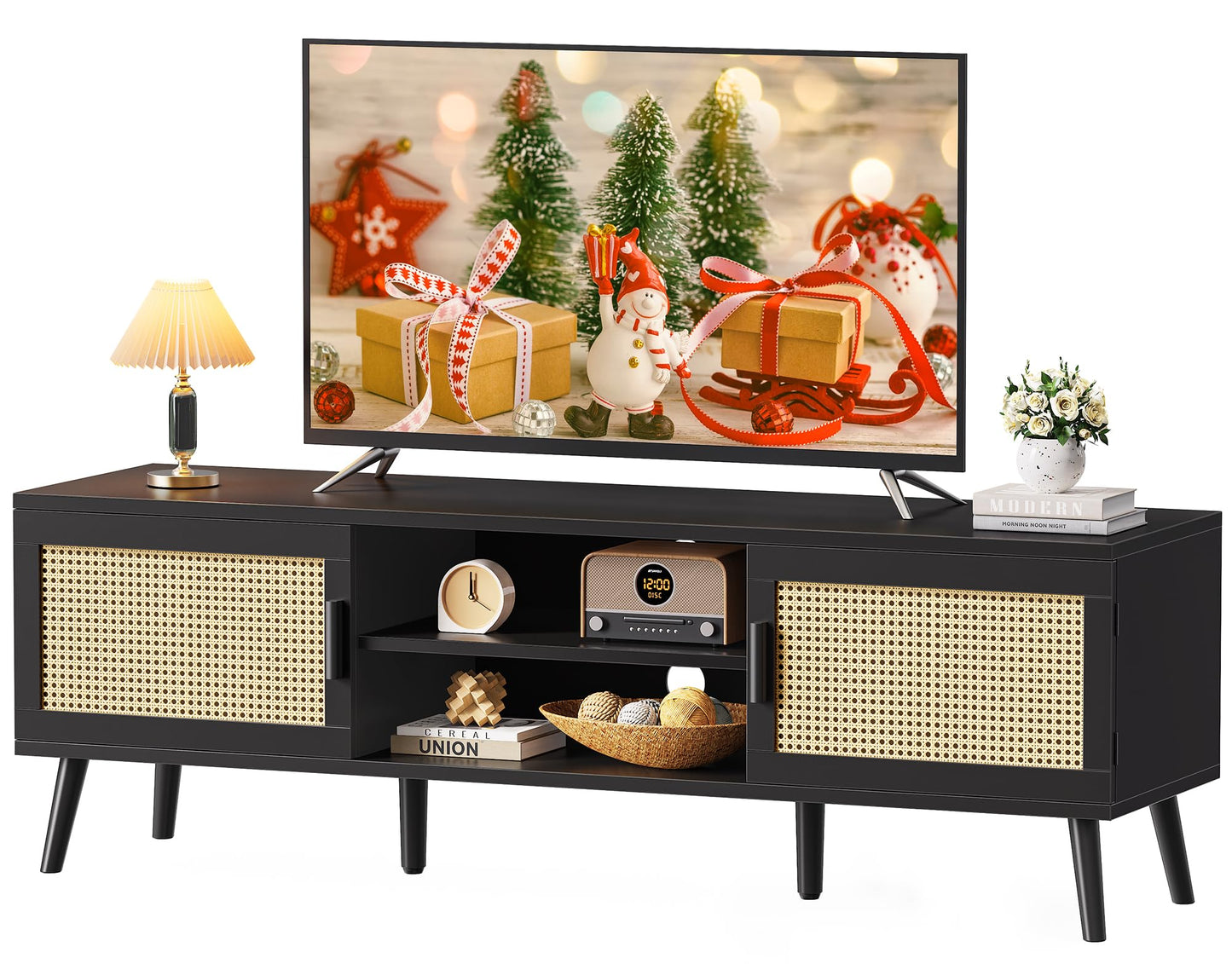 SUPERJARE Boho TV Stand for 65 Inch TV, Entertainment Center with Adjustable Shelf, Rattan TV Console with 2 Cabinets, Media Console, Solid Wood Feet, 4 Cord Holes, for Living Room - Natural