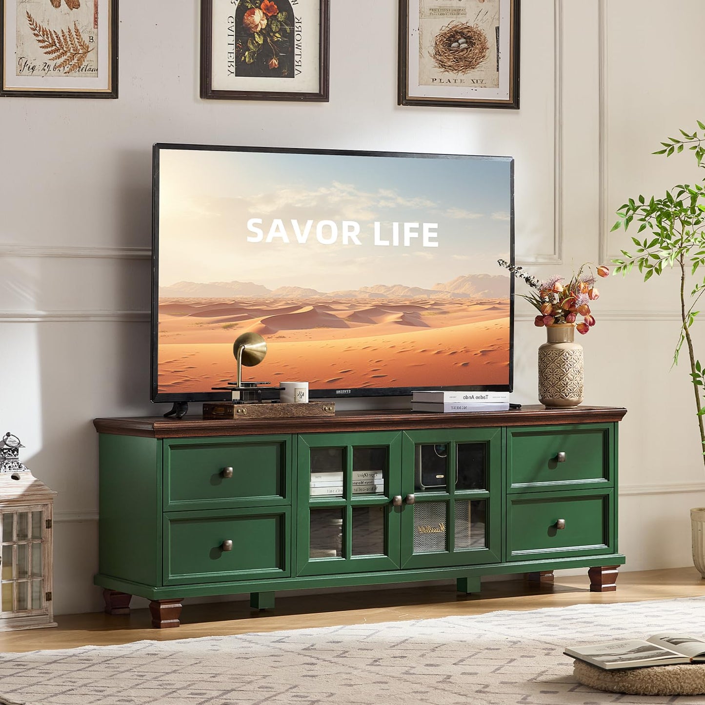 SAVOR LIFE Farmhouse TV Stands for Living Room, Brown Entertainment Center with Storage, Wood TV Console with 4 Drawers, Rustic TV Cabinet for 65 inch TV, Walnut