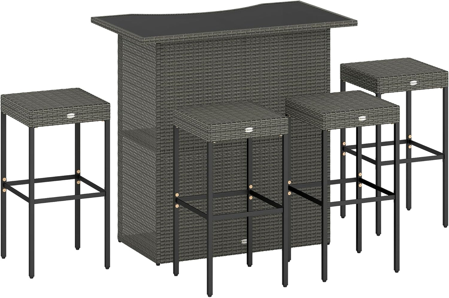 Outsunny 5 Piece Wicker Outdoor Bar Set, High Top Outdoor Table and Chairs, Height Patio Set with Glass Table Top 2 Tier Storage Shelf and 4 Bar Stools for Garden, Poolside, Dark Gray