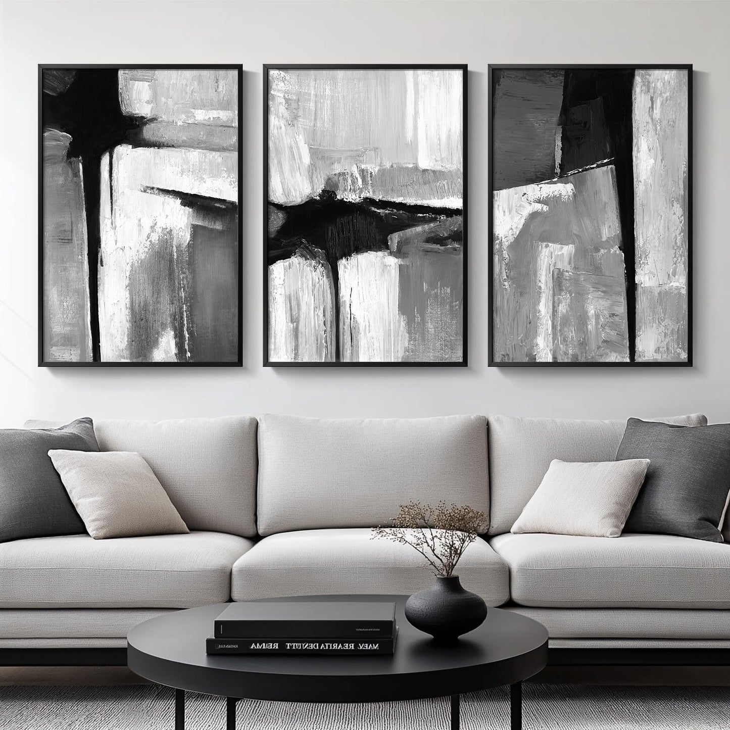 Large Framed Boho Modern Neutral Abstract Wall Art for Living Room, 3 Piece Black and White Canvas Prints Paintings Artwork for Walls, Geometric Pictures for Office Bedroom Dining Room Decor, 24x36 In