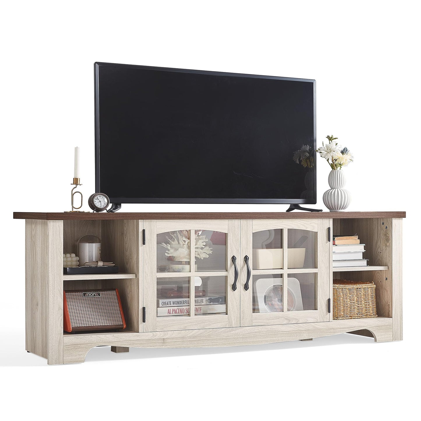 LINSY HOME TV Stand for 75 Inch TV, Modern Farmhouse Entertainment Center with Storage Cabinets and Glass Doors, Tall Media Console Table for Living Room, Bedroom, Large Long Television Stand, Brown