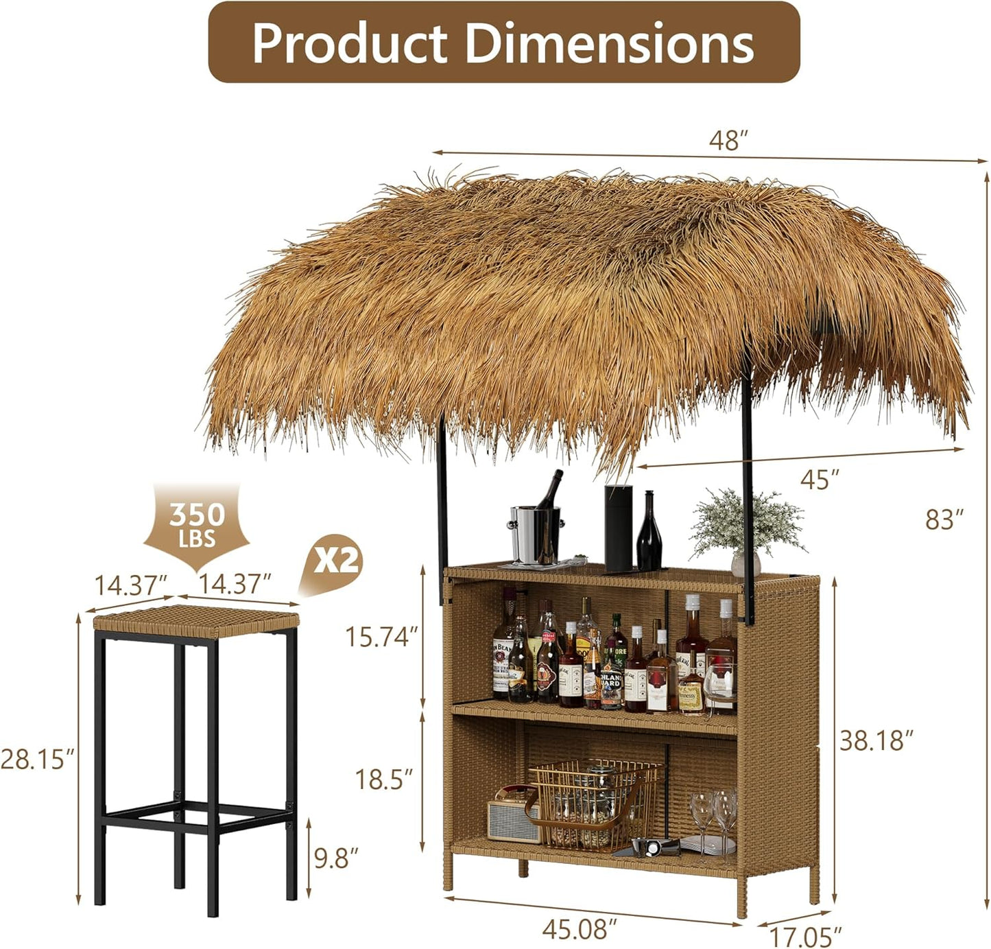 Outdoor Tiki Bar Set with Widen Hula Thatched Shade(48" L), 3-Piece Wicker Outside Tiki Bars with 2 Stools, Hawaiian Style Beach Outside Bars for Patio, Garden, Poolside, Backyard