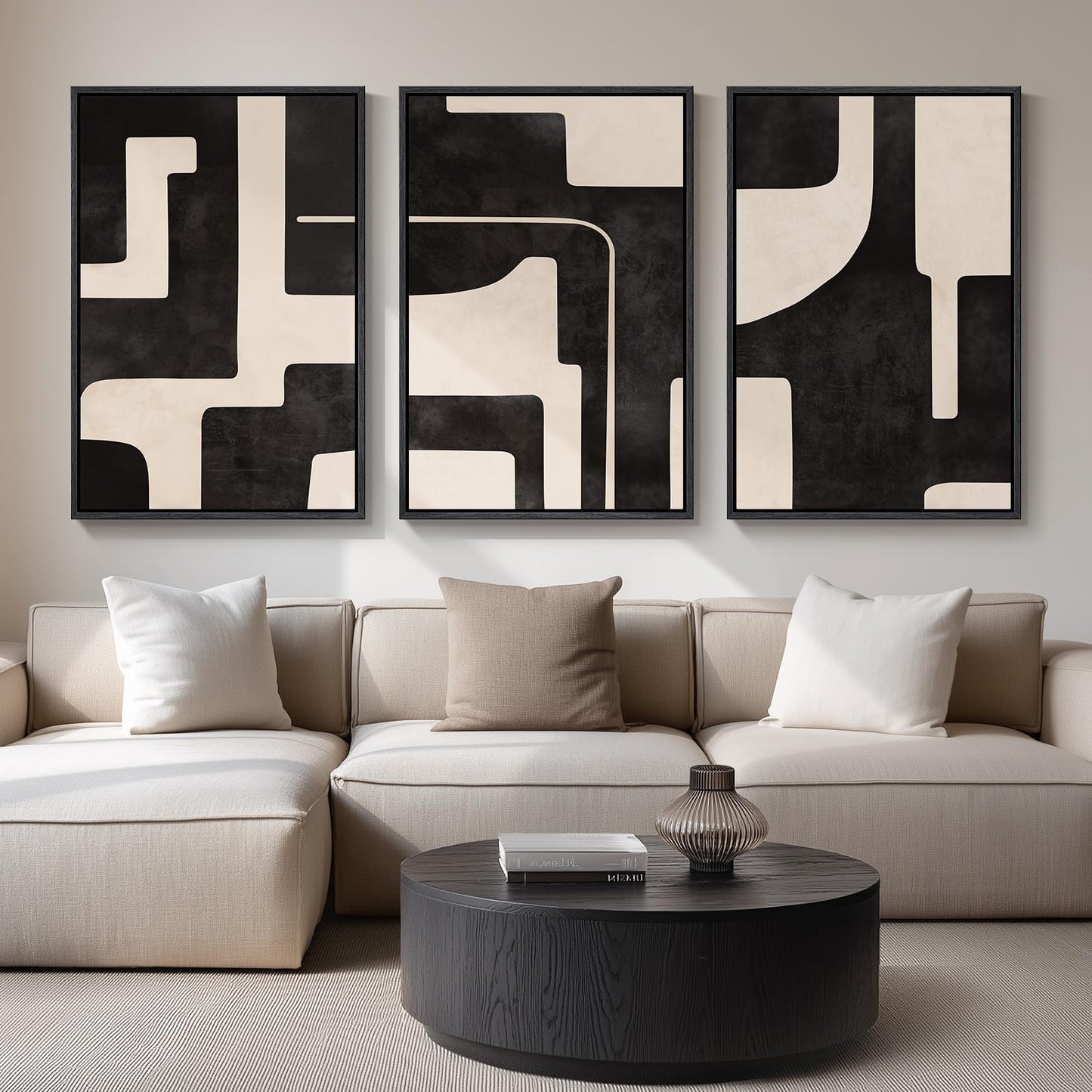 Large Framed Boho Modern Neutral Abstract Wall Art for Living Room, 3 Piece Black and White Canvas Prints Paintings Artwork for Walls, Geometric Pictures for Office Bedroom Dining Room Decor, 24x36 In