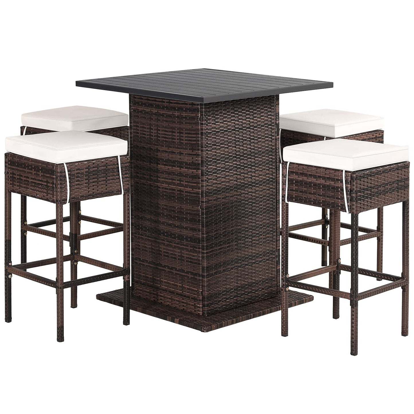HAPPYGRILL 5 Pieces Rattan Bar Set, Outdoor Wicker Bar Table and 4 Bar Stools, Heavy-Duty Steel Frame, Patio Bar Furniture Set with Cushions, Black