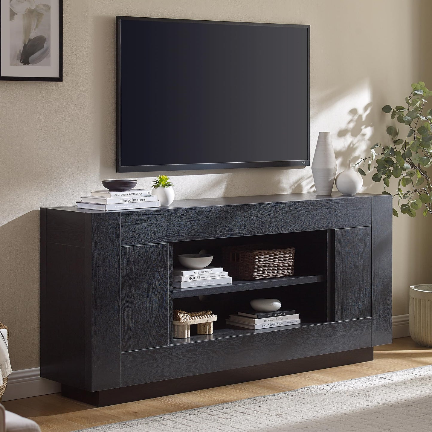 OKD Modern 70" TV Stand, Entertainment Center for TVs Up to 80", Media Console with Large Open Storage & Side Cabinets, Thick Wood Design for Living Room, Light Knotty Oak