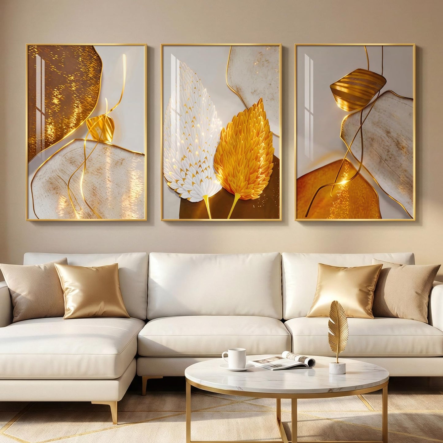 3-Piece 24×36" Gold Geometric Framed Wall Art Luxury Modern Decor for Living Room Office