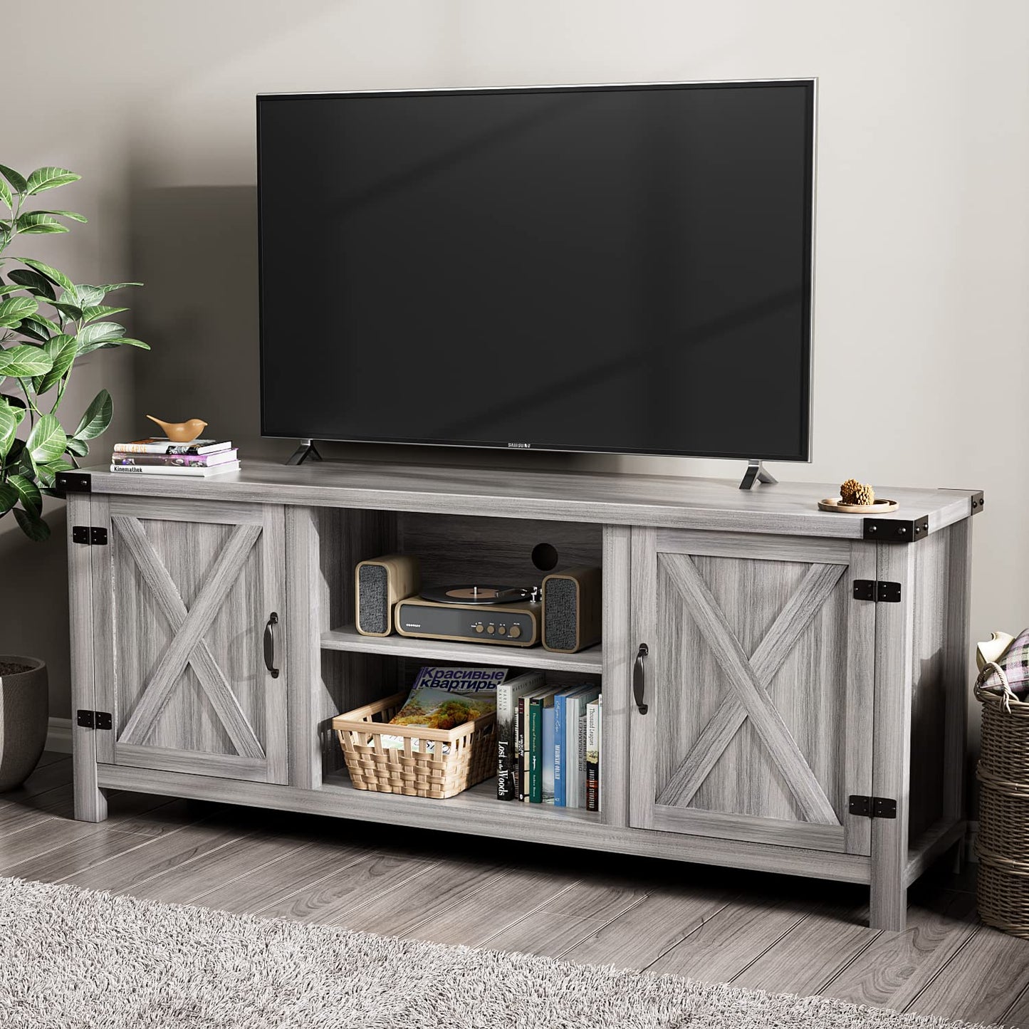YESHOMY Modern Farmhouse TV Stand with Two Barn Doors and Storage Cabinets for Televisions up to 65+ Inch,Entertainment Center Console Table,Media Furniture for Living Room,58 Inch, Walnut,YH-TS103DWA
