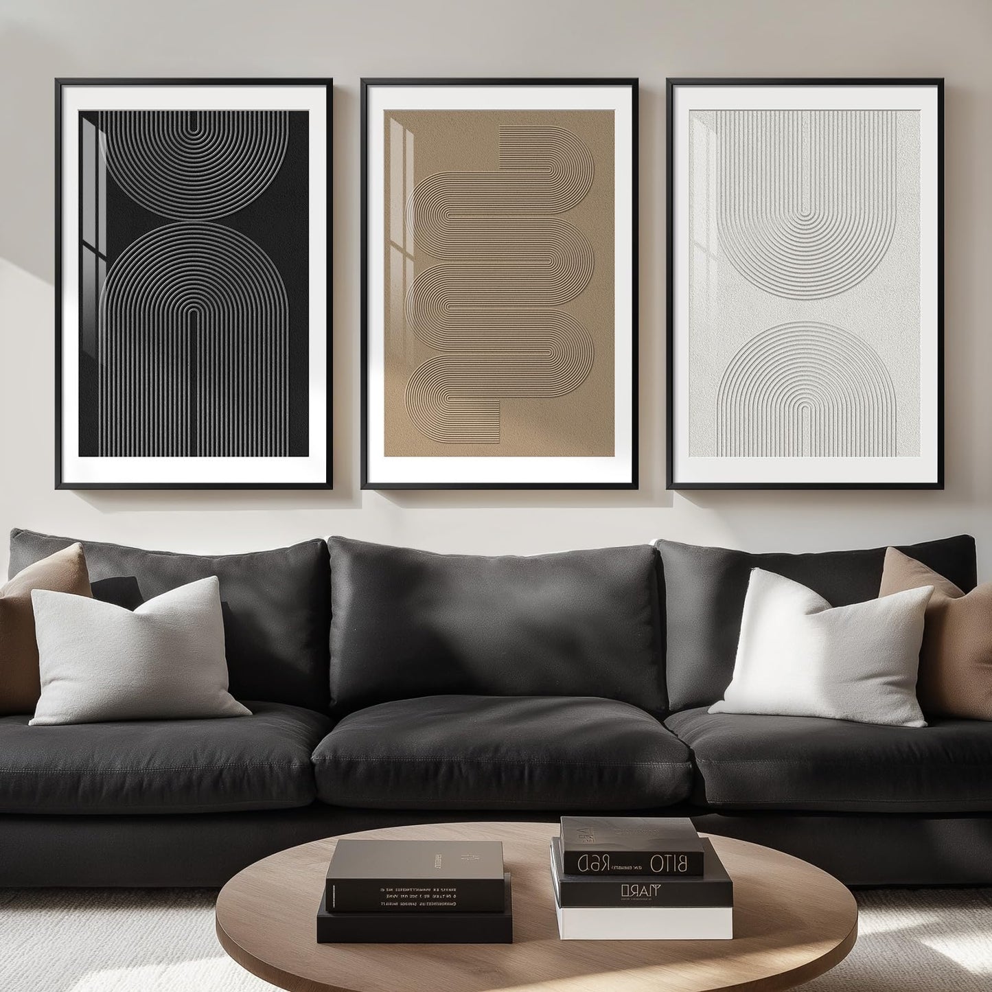 Large Framed Boho Modern Neutral Abstract Wall Art for Living Room, 3 Piece Black and White Canvas Prints Paintings Artwork for Walls, Geometric Pictures for Office Bedroom Dining Room Decor, 24x36 In