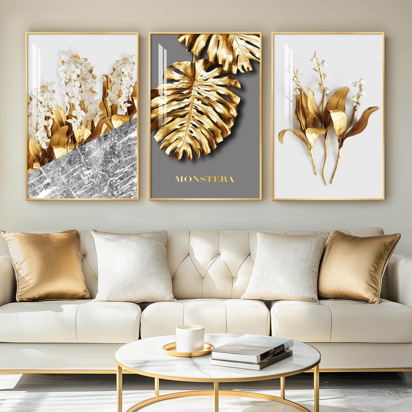 3-Piece 24×36" Gold Geometric Framed Wall Art Luxury Modern Decor for Living Room Office