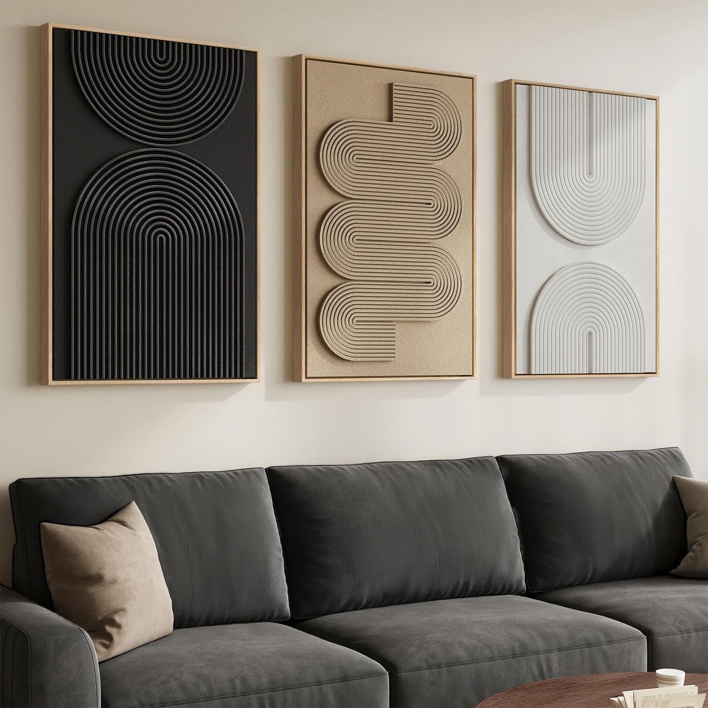 3D Textured Framed Abstract Wall Art, 3 Piece Modern Paintings Artwork for Walls, Black White Brown Geometric Sandstone Texture Pictures for Living Room Dining Room Bedroom Office Wall Decor 16x24 In