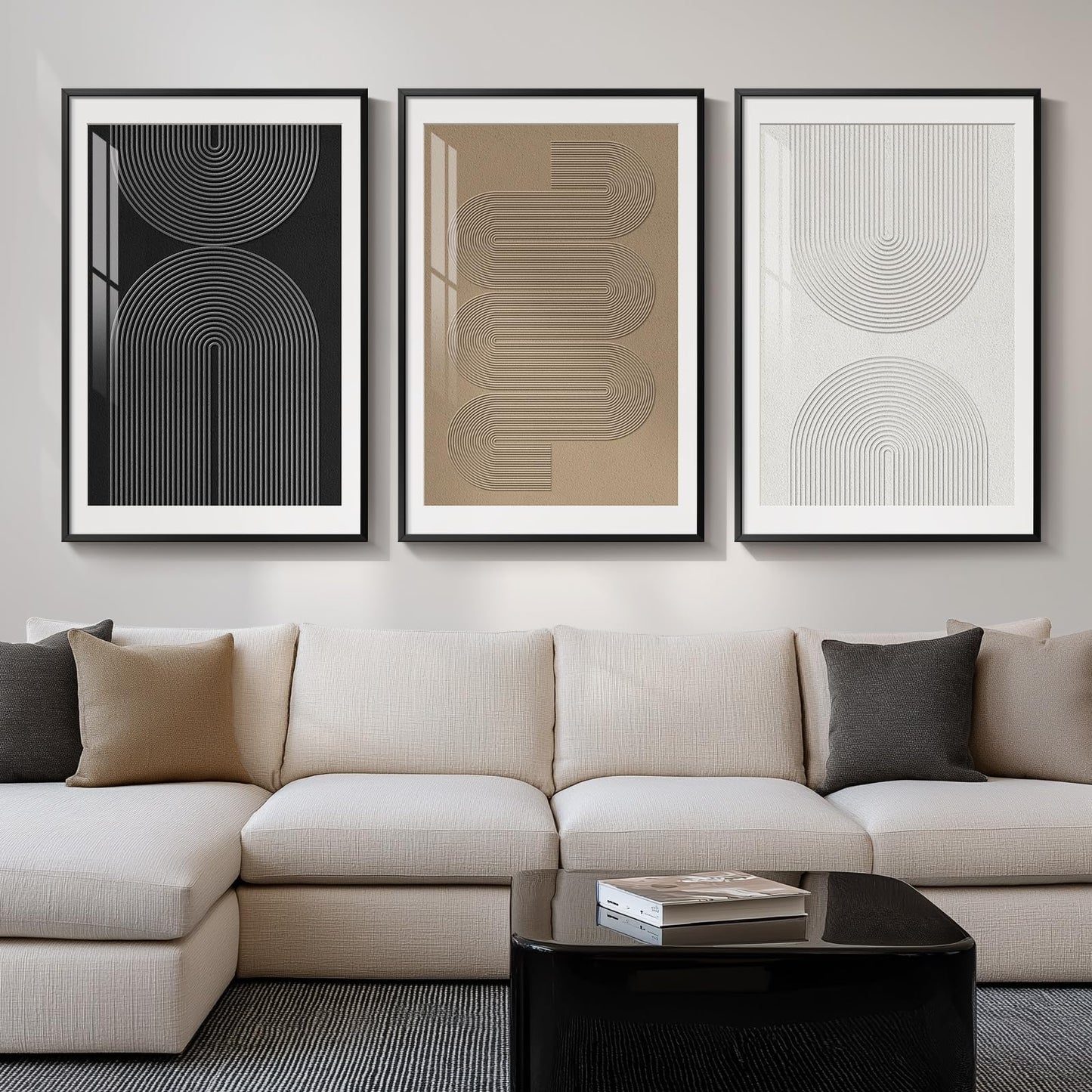Large Framed Boho Modern Neutral Abstract Wall Art for Living Room, 3 Piece Black and White Canvas Prints Paintings Artwork for Walls, Geometric Pictures for Office Bedroom Dining Room Decor, 24x36 In