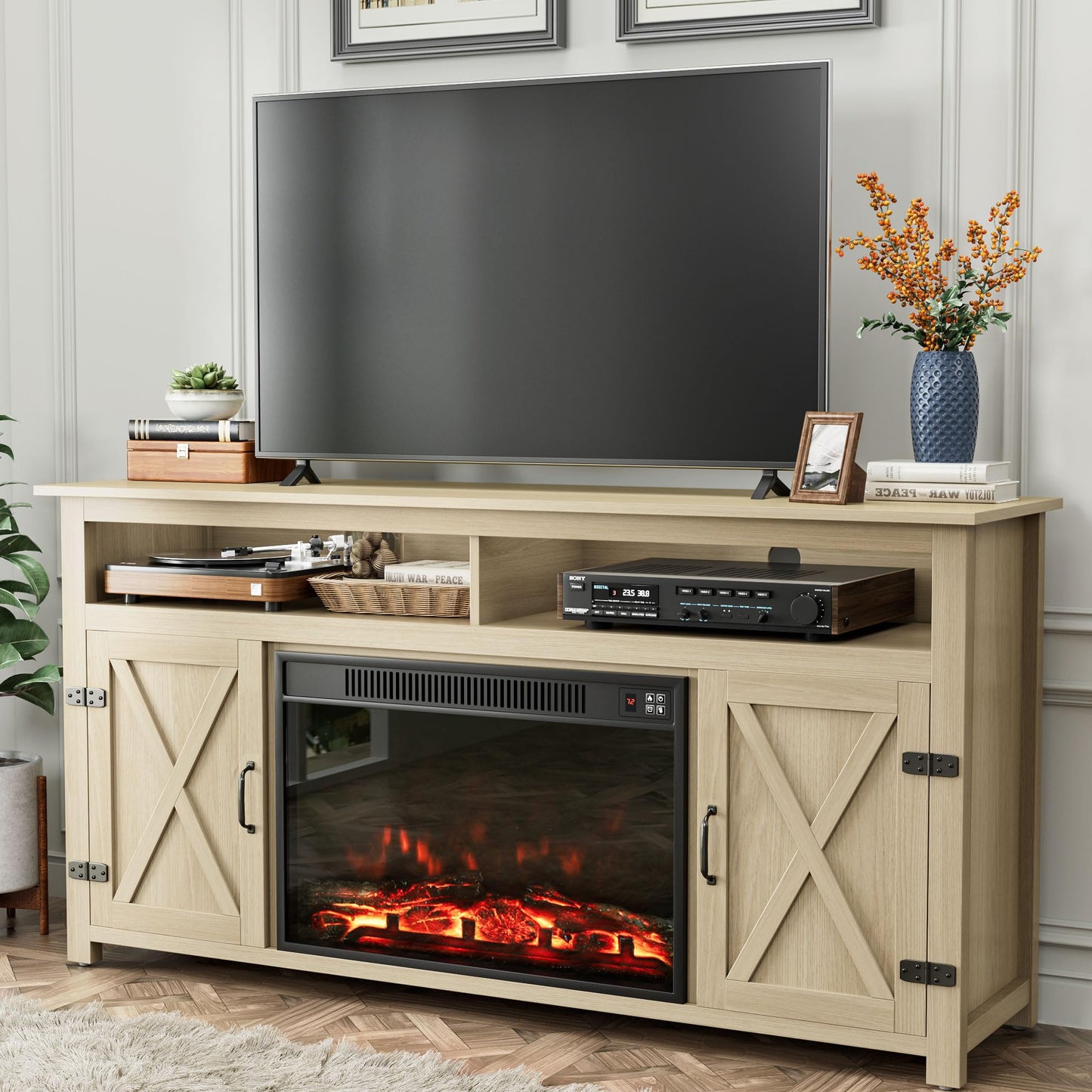 YESHOMY TV Stand for Televisions up to 65 Inches, with Sliding Barn Doors and Storage Cabinets, Console Table and Media Furniture for Living Room, 58 Inch, Barnwood